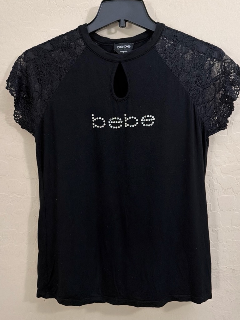 bebe Black Lace Sleeve Rhinestone Logo Tee